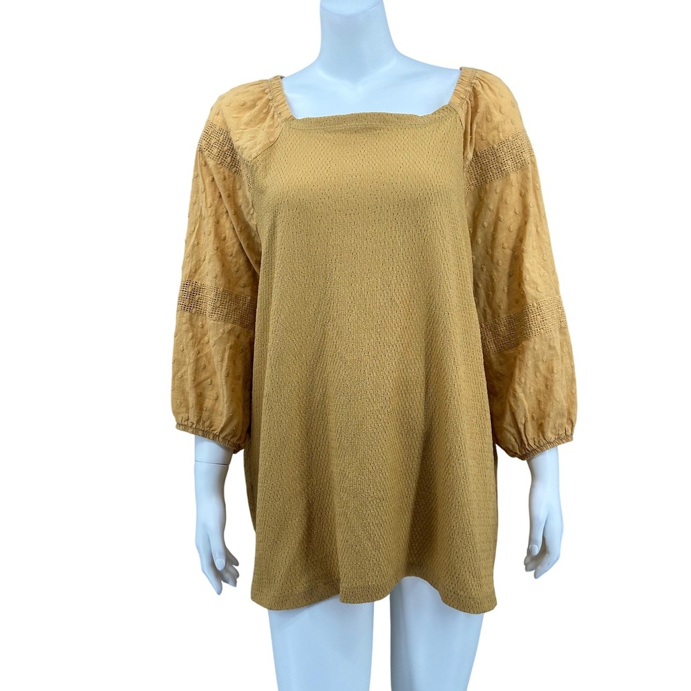 Soleillee Top Womens 2X Mustard Gold Textured Balloon Sleeve Boho‎ Summer Casual
